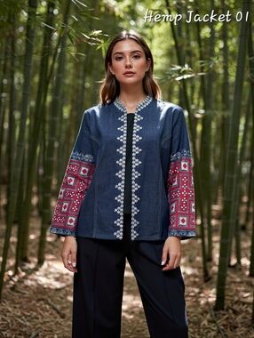 Hill Tribe Hemp Jacket-Patchwork Sleeve with Silver Bead Detail